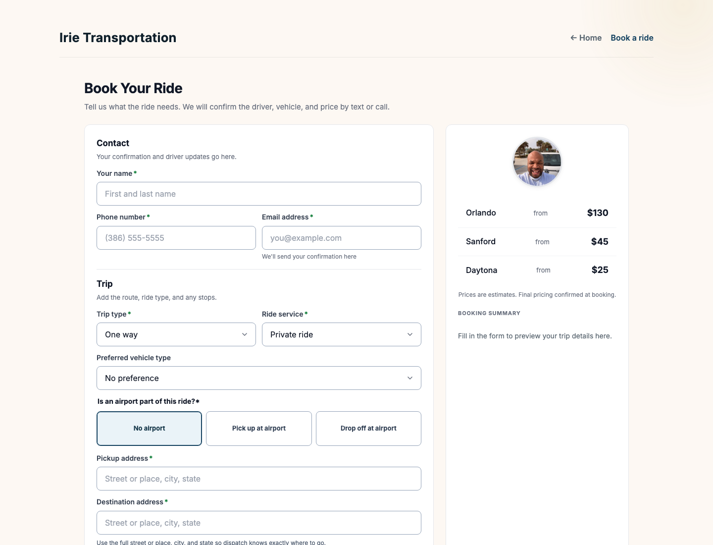 Live Irie Transportation booking form with airport direction, ride type, vehicle preference, and full address fields